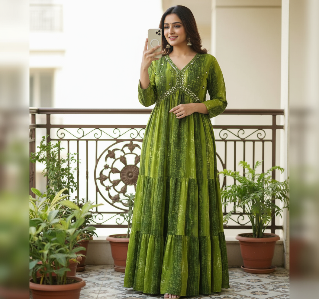Woman in a green dress taking a selfie on a balcony with plants around