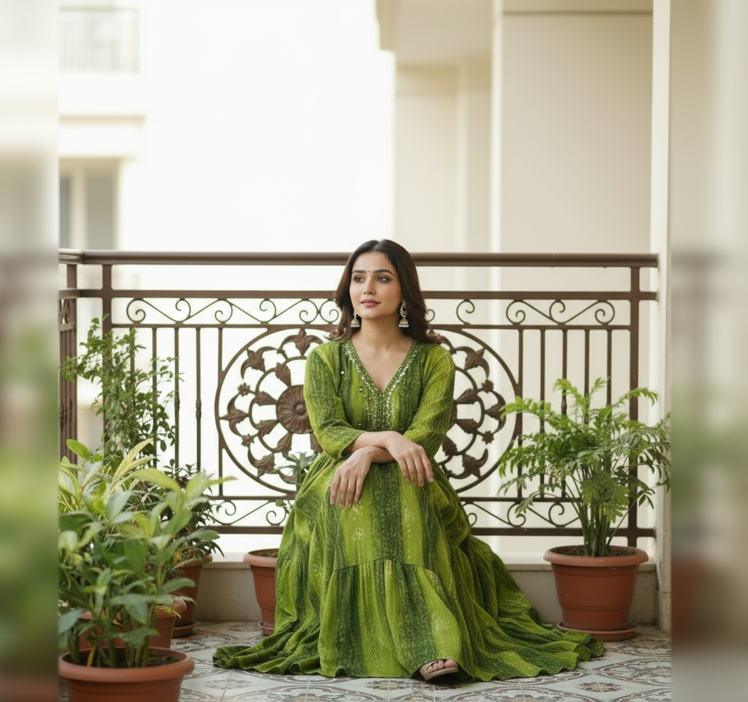 Forest River Anarkali Long Gown - Mirror Work Magic