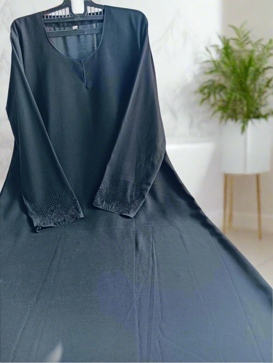 Plain Black Burqa with Stonework Sleeves