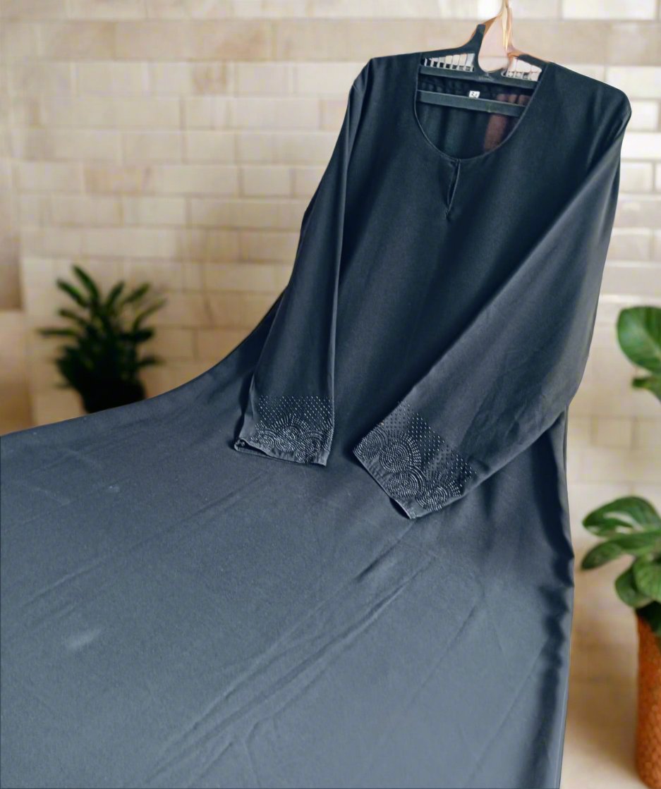 Plain Black Burqa with Stonework Sleeves