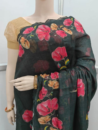 Linen Cotton Fancy Saree with Digital Floral Print and Scallop Cutwork Border – Soft Lightweight Fabric for Daily Wear-Blk