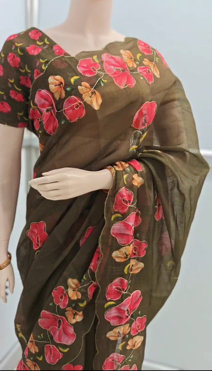 Linen Cotton Fancy Saree with Digital Floral Print and Scallop Cutwork Border – Soft Lightweight Fabric for Daily Wear-brown