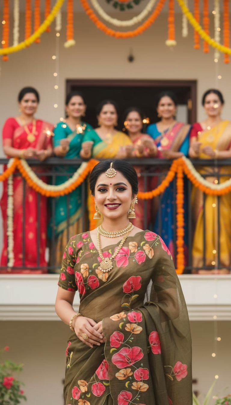 Woman in traditional saree with decorative background