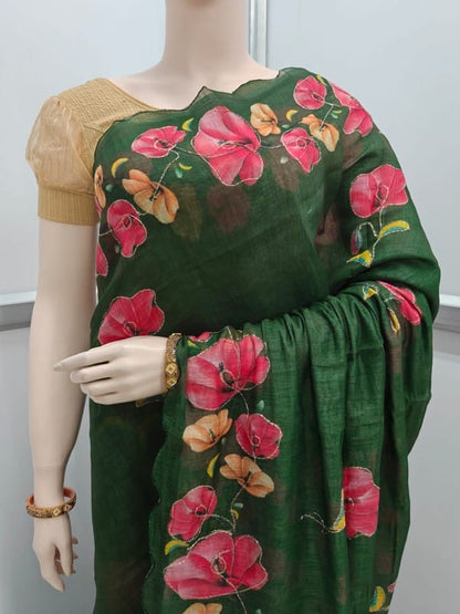 Linen Cotton Fancy Saree with Digital Floral Print and Scallop Cutwork Border – Soft Lightweight Fabric for Daily Wear-green