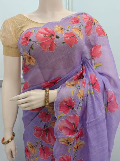 Linen Cotton Fancy Saree with Digital Floral Print and Scallop Cutwork Border – Soft Lightweight Fabric for Daily Wear-lavender