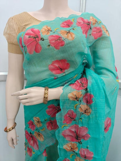 Linen Cotton Fancy Saree with Digital Floral Print and Scallop Cutwork Border – Soft Lightweight Fabric for Daily Wear-light blue