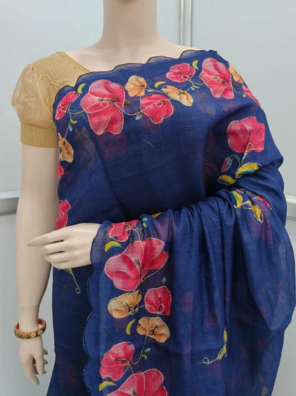 Linen Cotton Fancy Saree with Digital Floral Print and Scallop Cutwork Border – Soft Lightweight Fabric for Daily Wear-navy blue