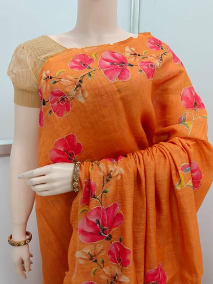 Linen Cotton Fancy Saree with Digital Floral Print and Scallop Cutwork Border – Soft Lightweight Fabric for Daily Wear-orange