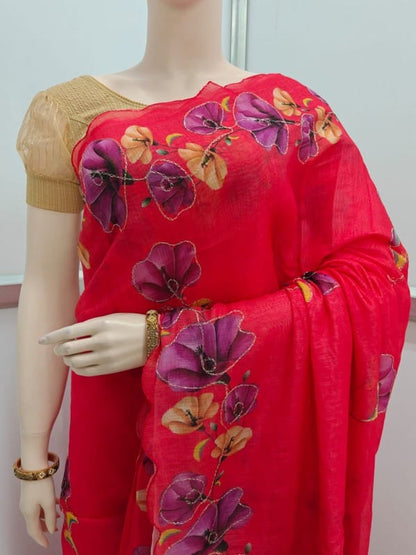 Linen Cotton Fancy Saree with Digital Floral Print and Scallop Cutwork Border – Soft Lightweight Fabric for Daily Wear-red