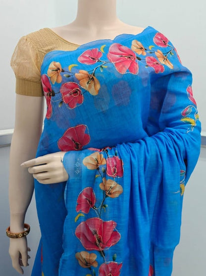 Linen Cotton Fancy Saree with Digital Floral Print and Scallop Cutwork Border – Soft Lightweight Fabric for Daily Wear-blue