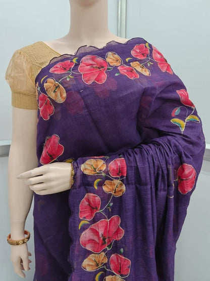 Linen Cotton Fancy Saree with Digital Floral Print and Scallop Cutwork Border – Soft Lightweight Fabric for Daily Wear-violet