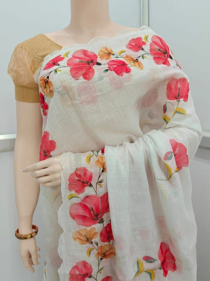 Linen Cotton Fancy Saree with Digital Floral Print and Scallop Cutwork Border – Soft Lightweight Fabric for Daily Wear-white