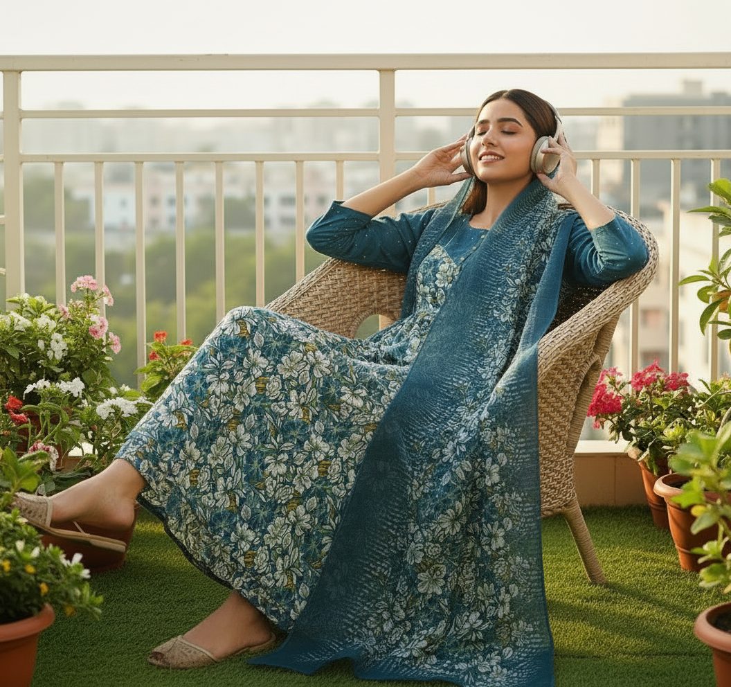 Pranjul full-sleeve cotton nighty with dupatta-Woman in a blue floral dress sitting on a balcony with plants and a city view.