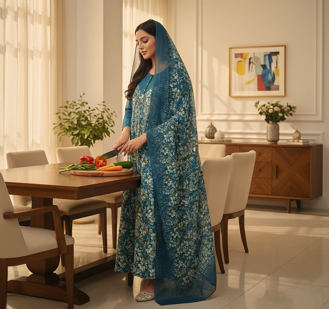 Woman in a blue floral dress preparing food in a modern kitchen-Pranjul long sleeve cotton nighty set with dupatta
