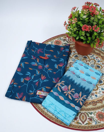 Pranjul long sleeve cotton nighty set with dupatta-blue-color-night-wear