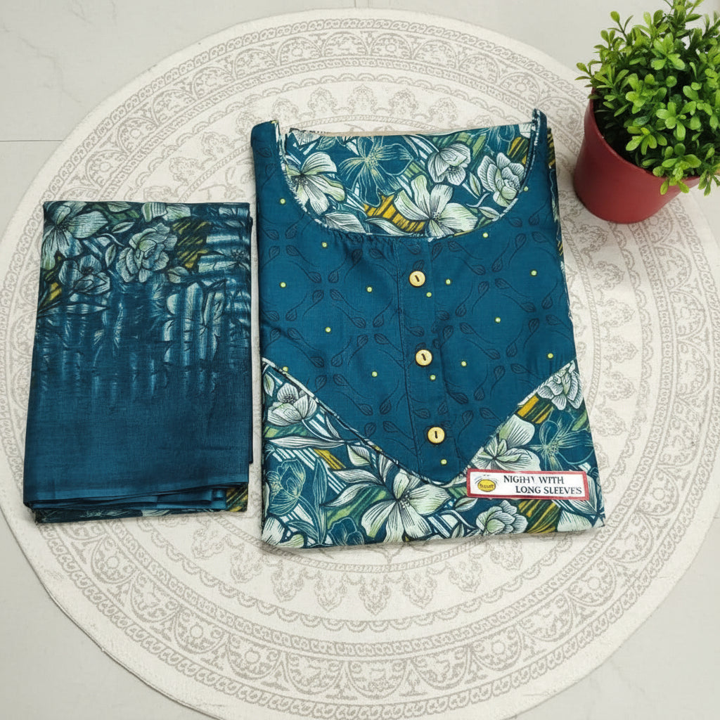 Pranjul long sleeves cotton nighty with matching cotton dupatta - floral print