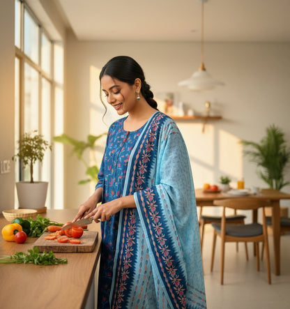 Blue floral dress with a matching blue dupatta on a tiled floor-Pranjul full-sleeve cotton nighty with dupatta