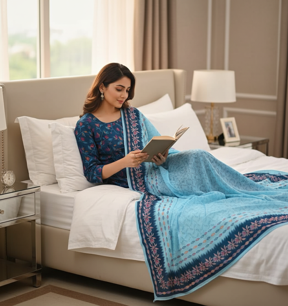 Blue dress with red floral pattern on a tiled floor-Pranjul full-sleeve cotton nighty with dupatta