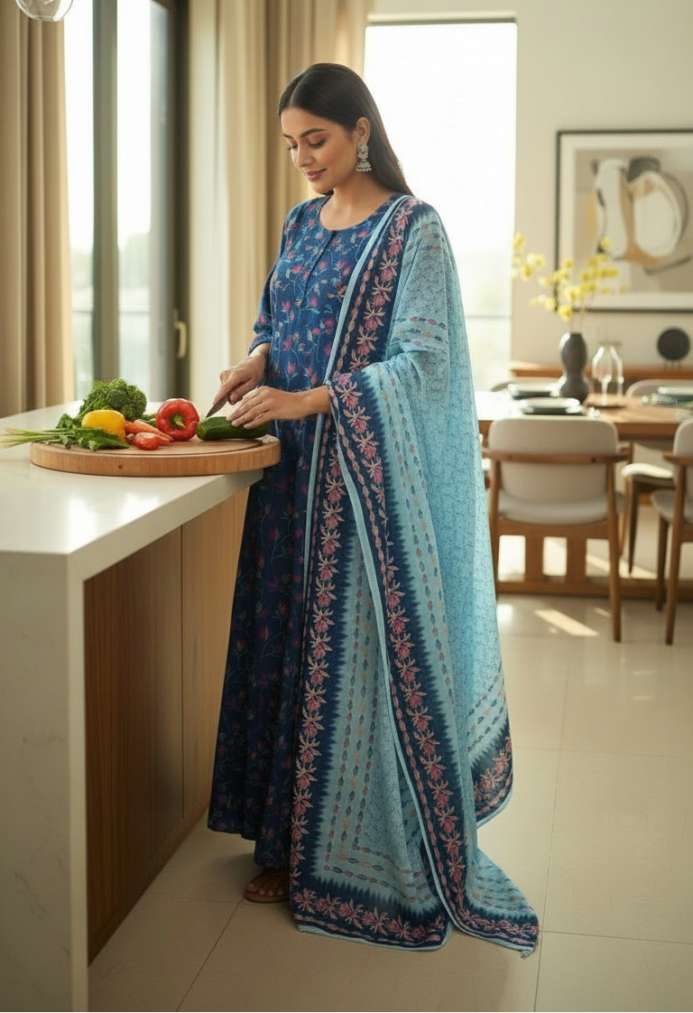 Woman in a blue and navy patterned dress preparing food in a kitchen-Pranjul long sleeve cotton nighty set with dupatta