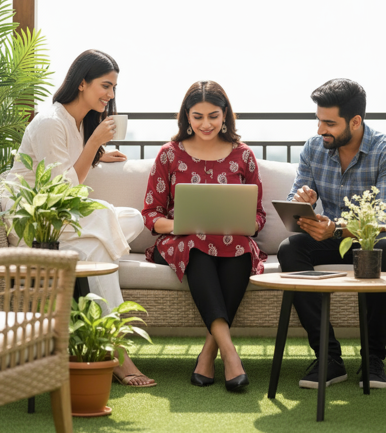 Three people sitting on a couch outdoors, with one using a laptop and another holding a tablet.