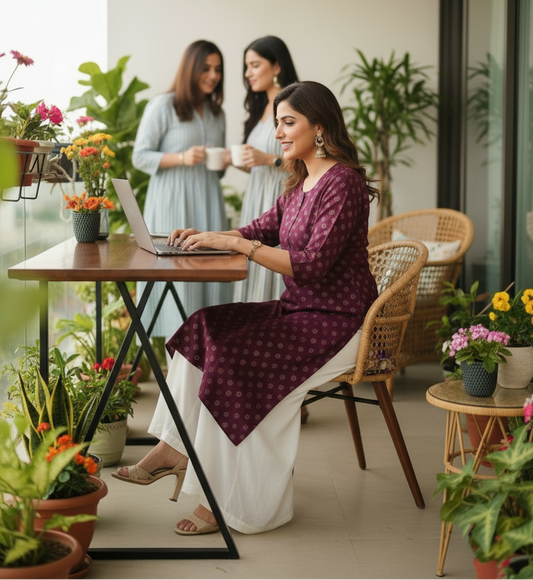 Woman using a laptop on a balcony with plants and another person in the background.