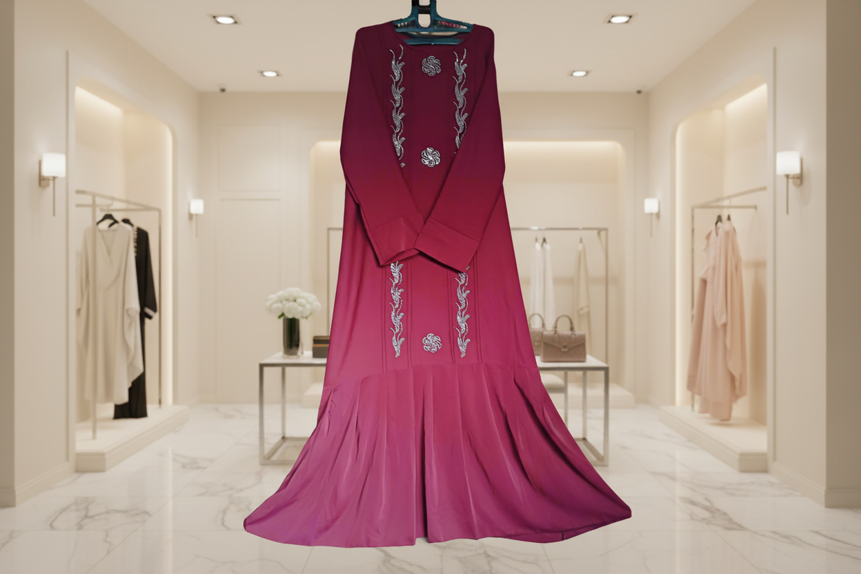 Mahroon Maroon Frill Abaya – with Elegant Stonework