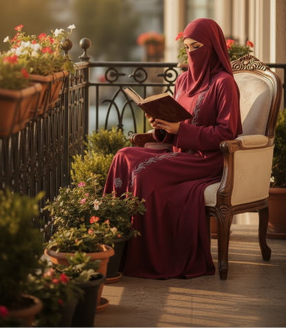Mahroon Maroon Frill Abaya – with Elegant Stonework