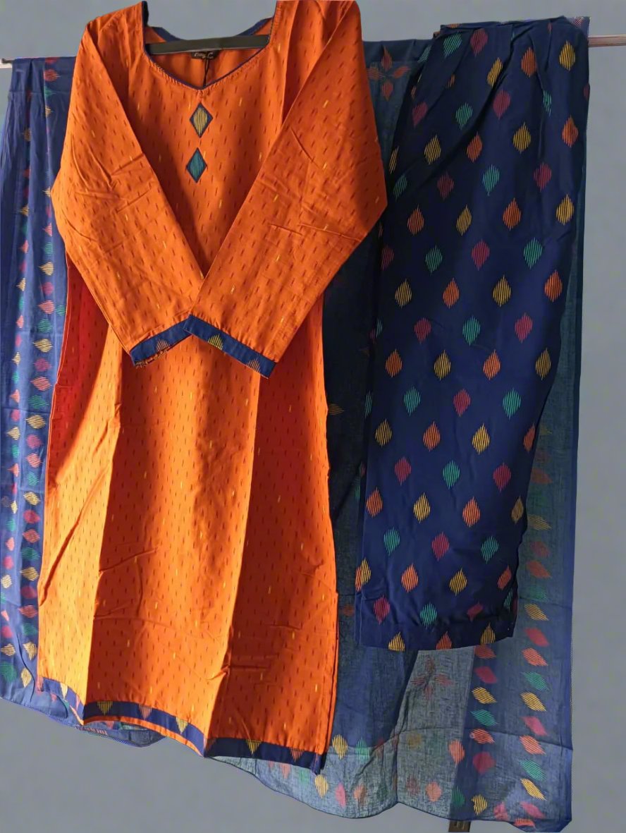 Pranjul Brand Cotton 3PC Set: Orange Top, Blue Bottom & Dupatta