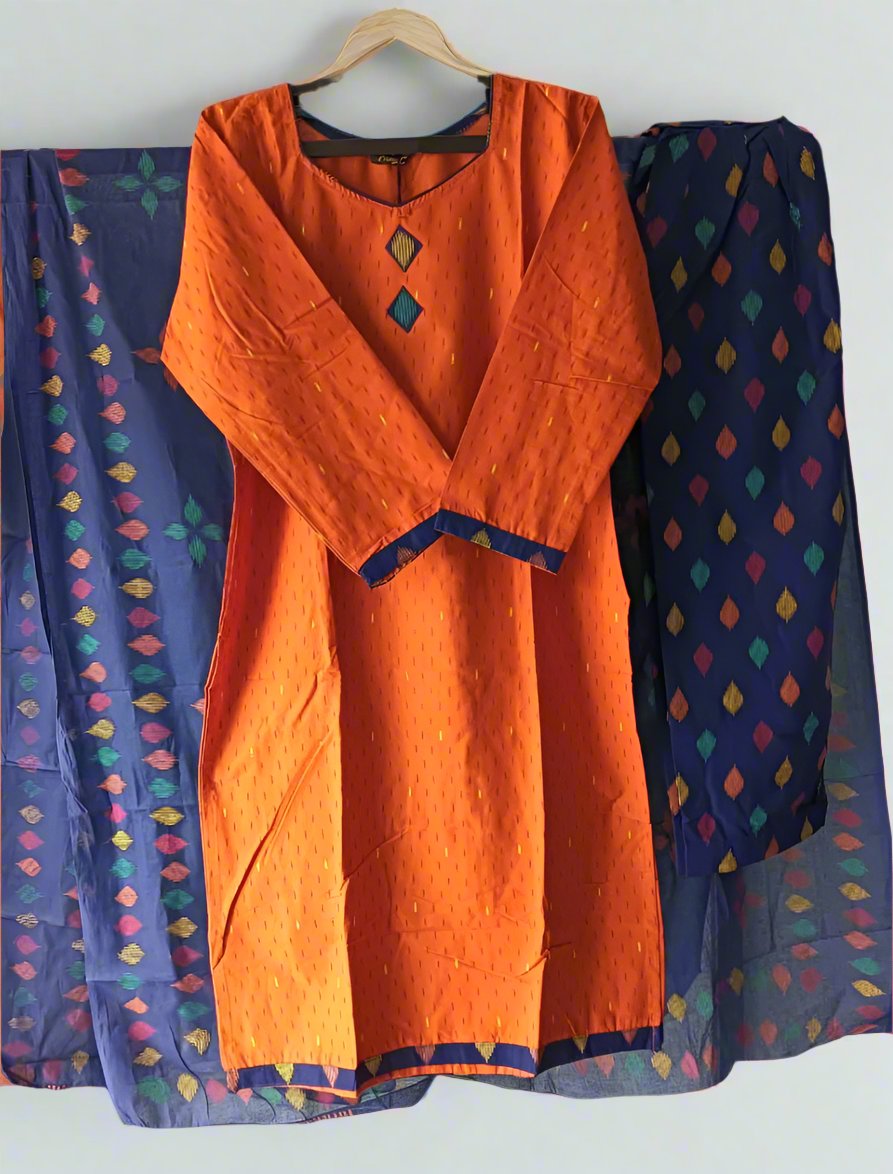 Pranjul Brand Cotton 3PC Set: Orange Top, Blue Bottom & Dupatta