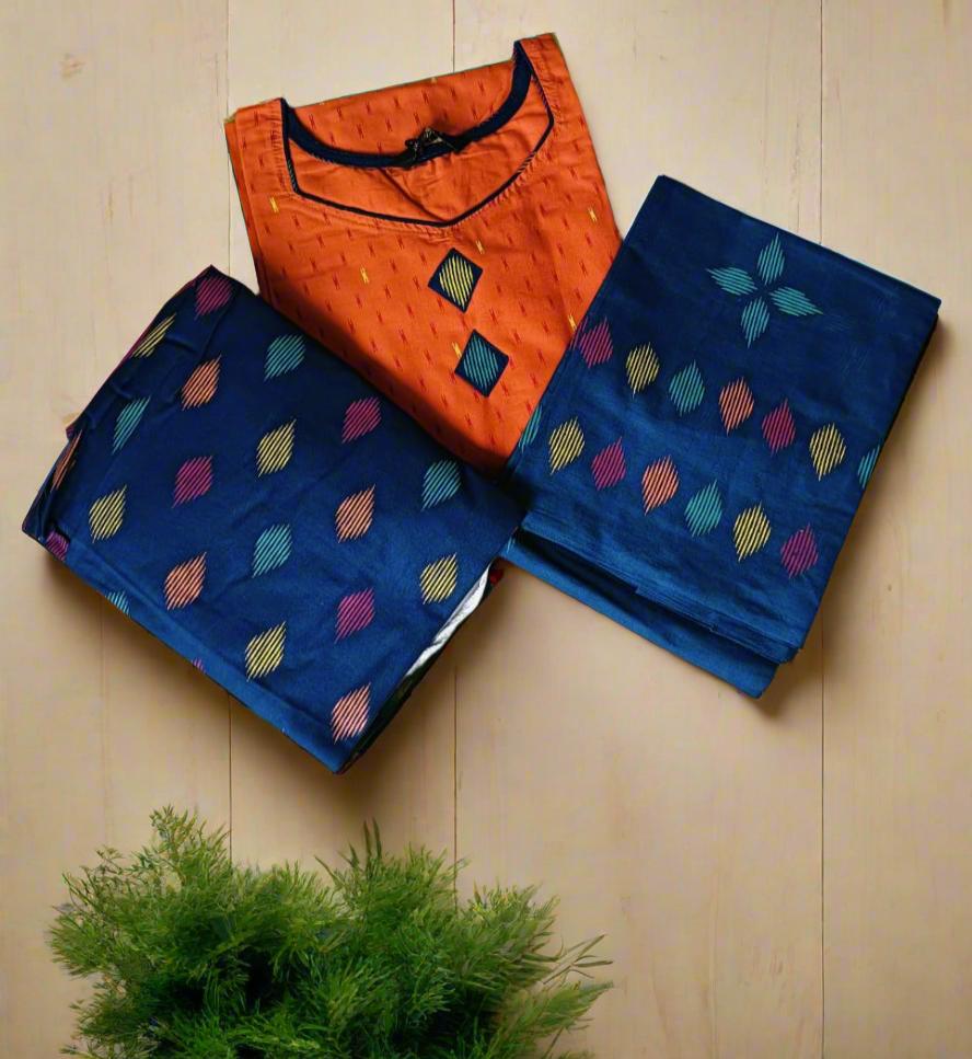 Pranjul Brand Cotton 3PC Set: Orange Top, Blue Bottom & Dupatta