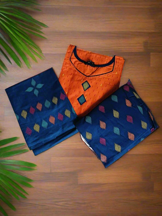 Pranjul Brand Cotton 3PC Set: Orange Top, Blue Bottom & Dupatta