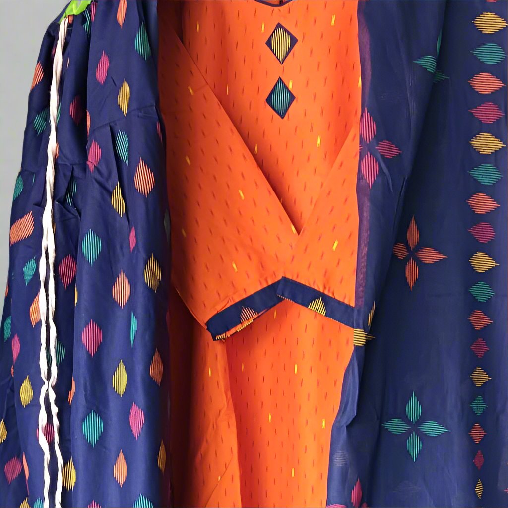 Pranjul Brand Cotton 3PC Set: Orange Top, Blue Bottom & Dupatta