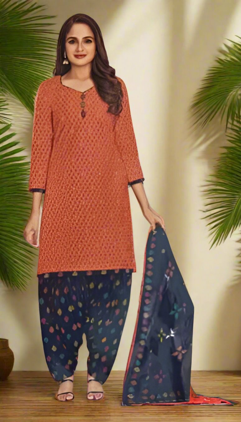 Pranjul Brand Cotton 3PC Set: Orange Top, Blue Bottom & Dupatta