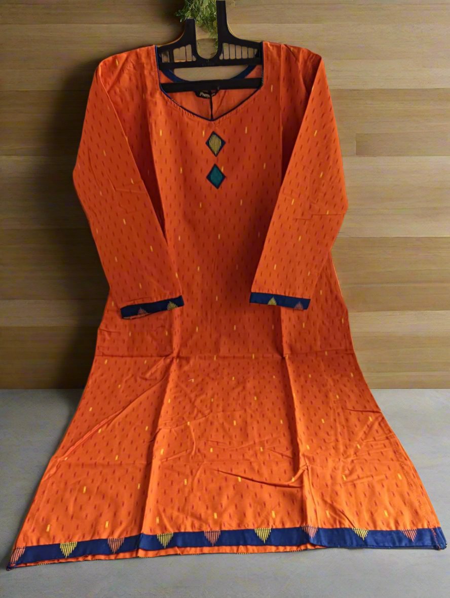 Pranjul Brand Cotton 3PC Set: Orange Top, Blue Bottom & Dupatta