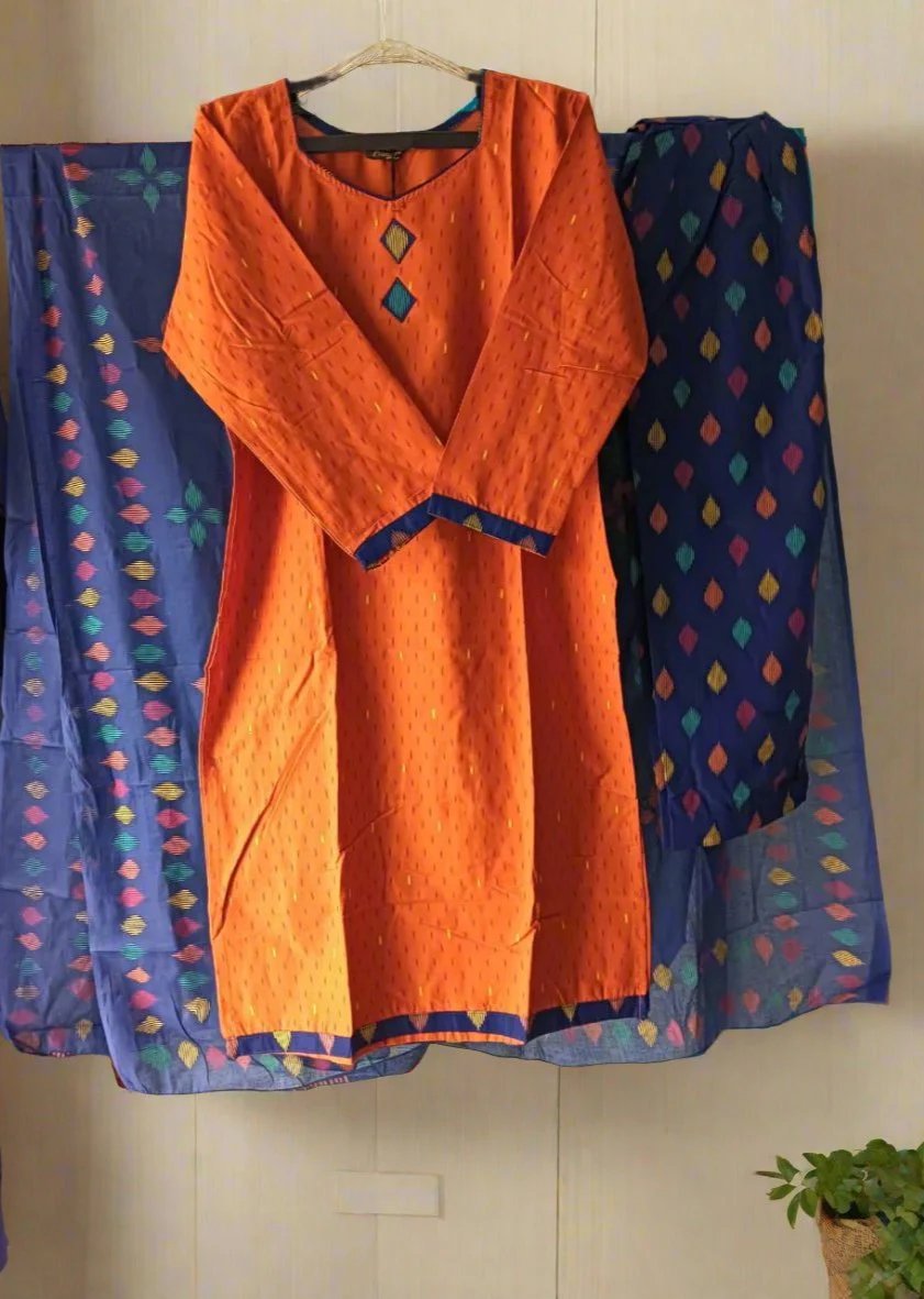 Pranjul Brand Cotton 3PC Set: Orange Top, Blue Bottom & Dupatta