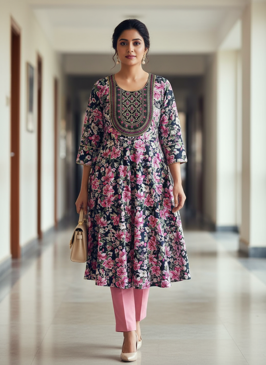 Woman wearing a floral dress and pink pants in a hallway