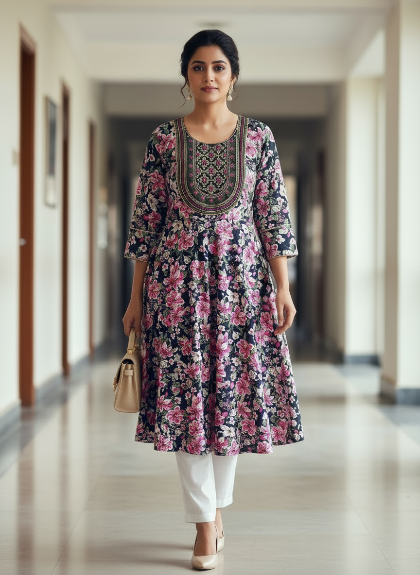 Woman in a floral dress walking down a hallway