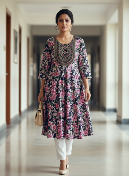 Woman in a floral dress walking down a hallway