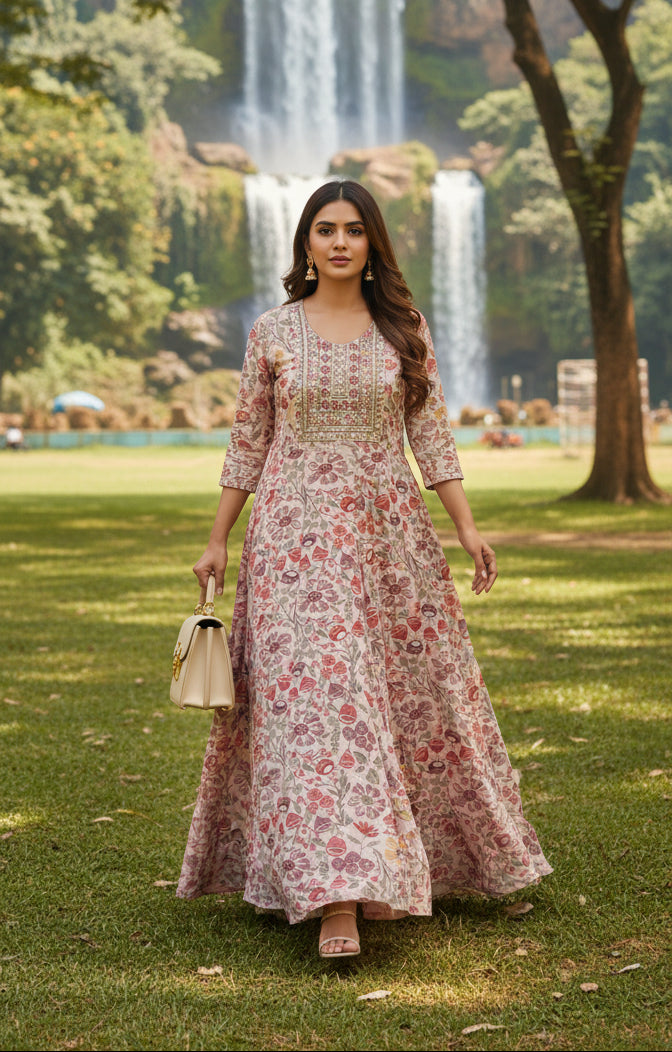 Women’s pink floral gown with sequence chest work – umbrella cut