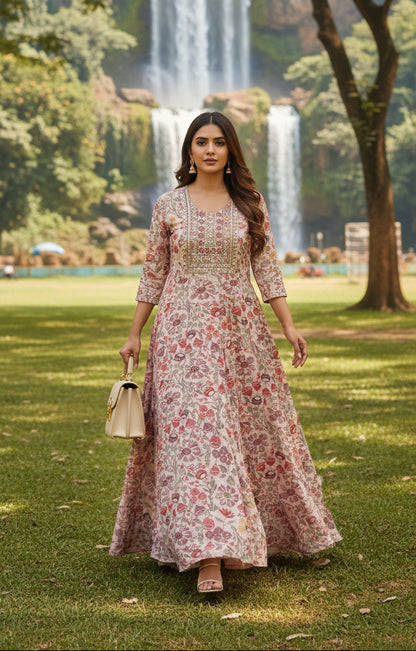 Women’s pink floral gown with sequence chest work – umbrella cut