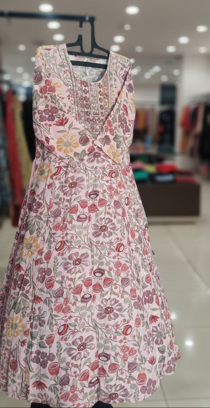 Pink umbrella style long gown – floral print, stitched XL XXL