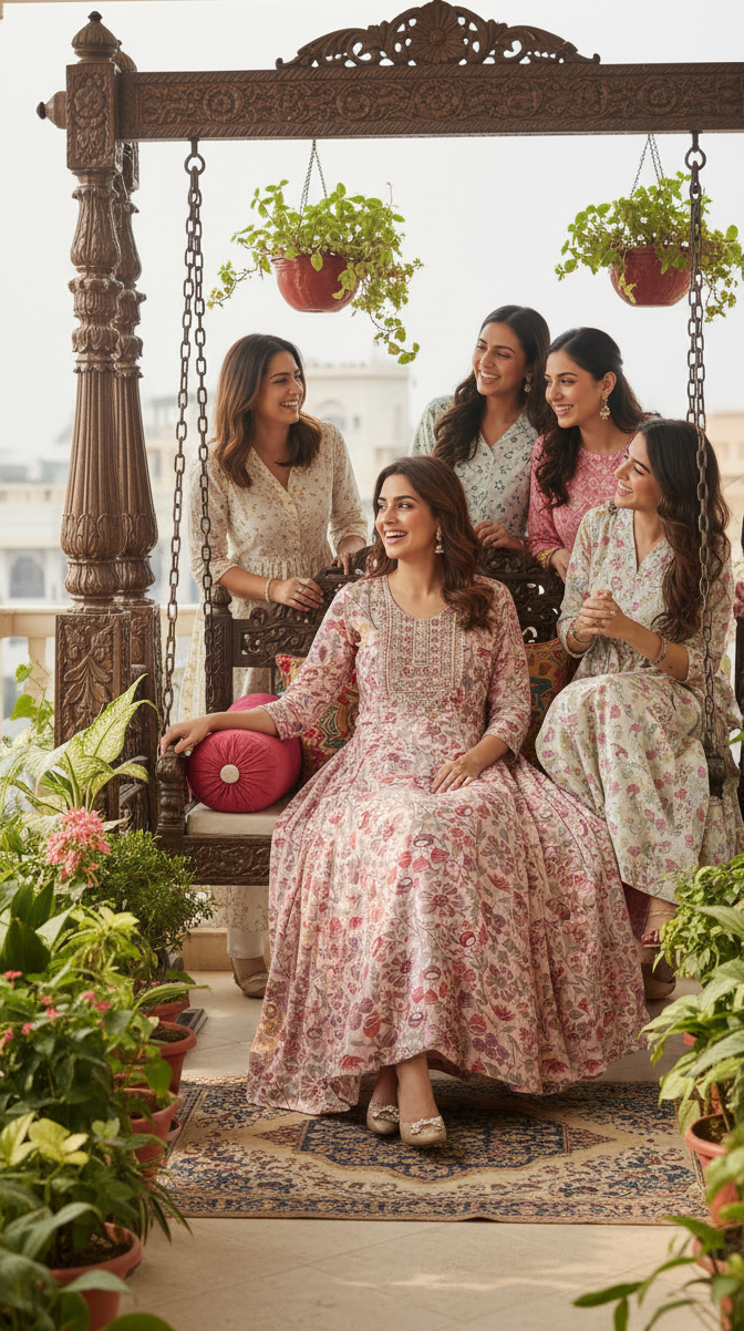 Women’s pink floral gown with sequence chest work – umbrella cut