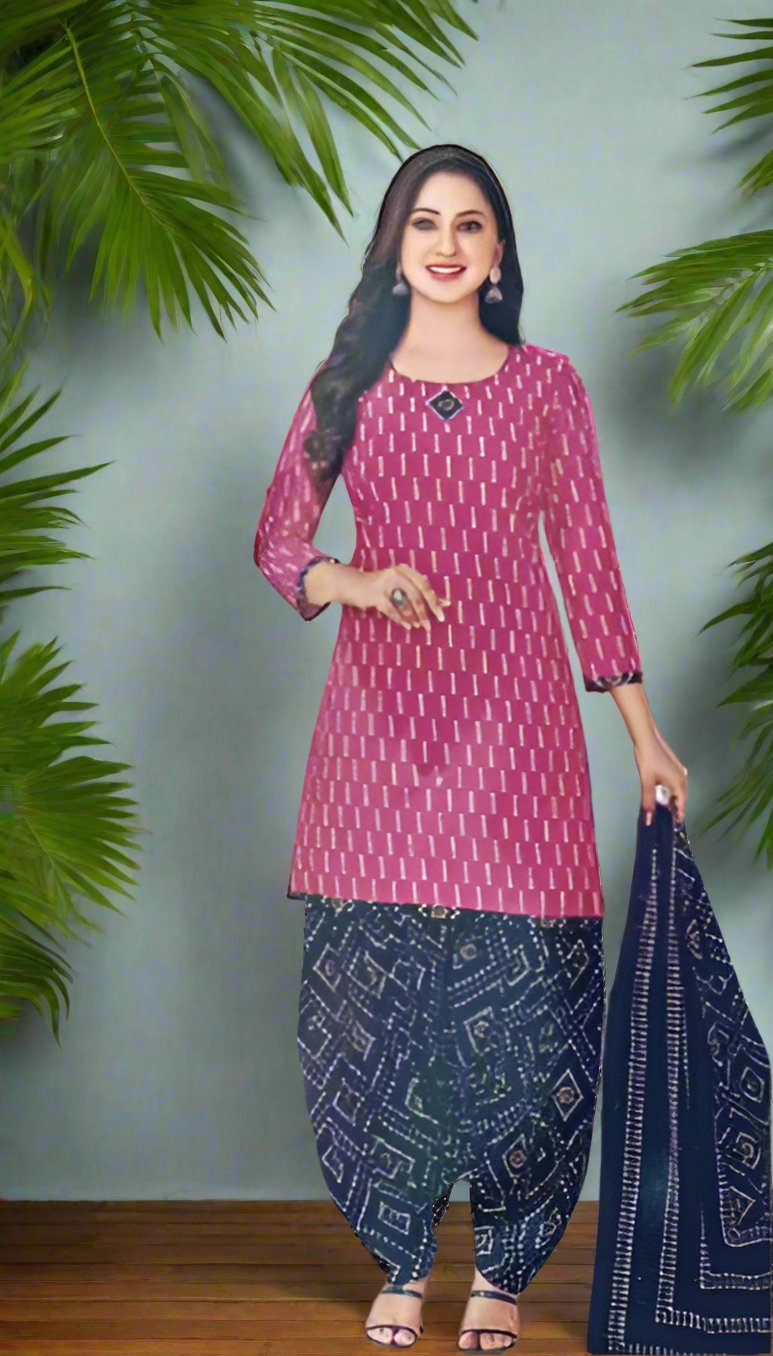 Pranjul Brand Cotton 3PC Set: Pink Top, Blue Bottom with Dupatta