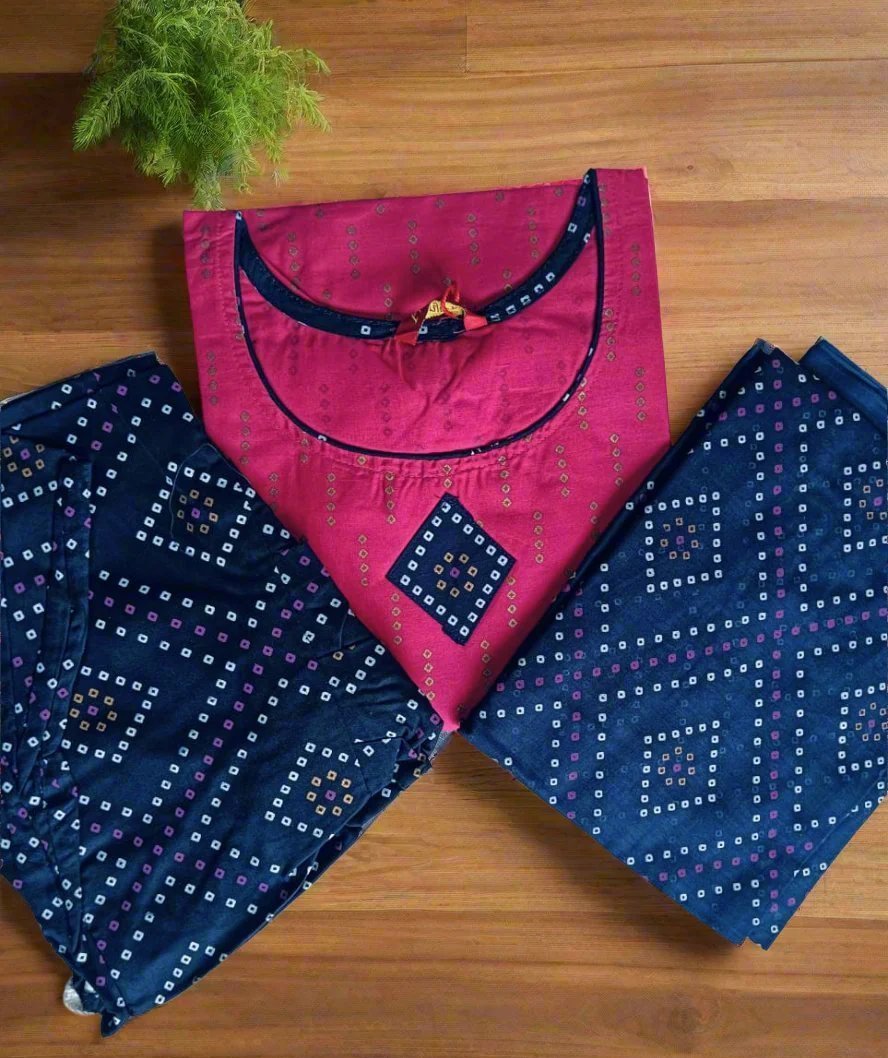 Pranjul Brand Cotton 3PC Set: Pink Top, Blue Bottom with Dupatta