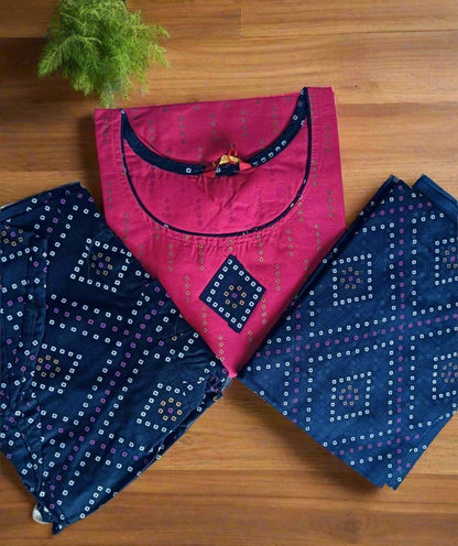 Pranjul Brand Cotton 3PC Set: Pink Top, Blue Bottom with Dupatta