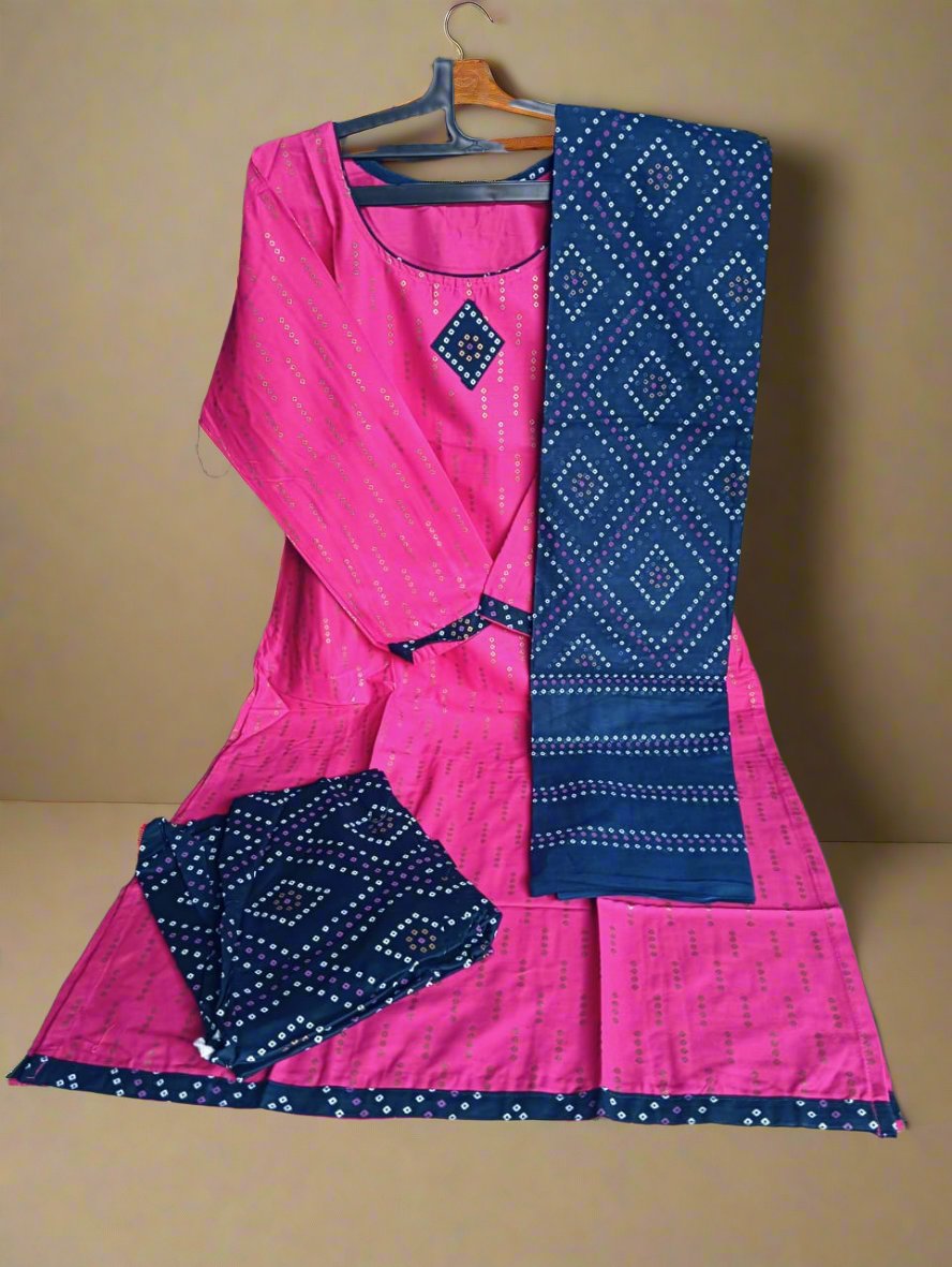 Pranjul Brand Cotton 3PC Set: Pink Top, Blue Bottom with Dupatta