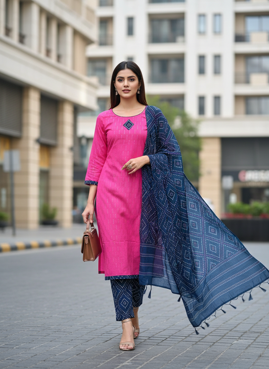 Woman in pink kurta with blue dupatta walking on a street.
