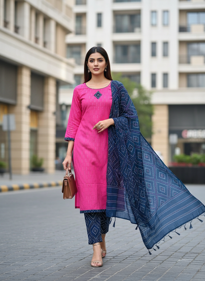 Woman in pink kurta with blue dupatta walking on a street.