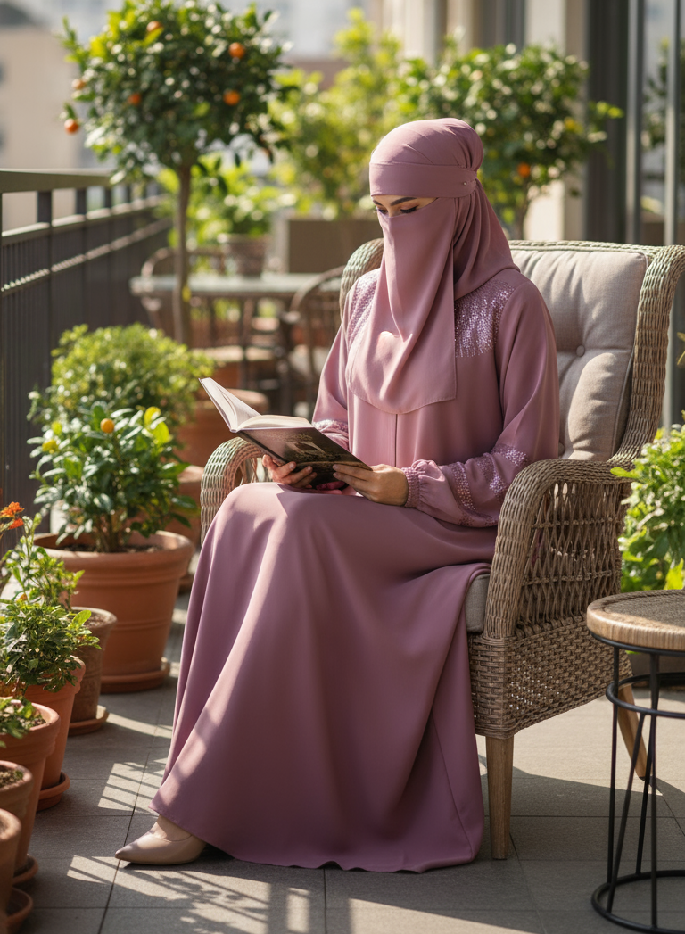 Woman in a pink hijab and dress sitting on a balcony with plants and a book.