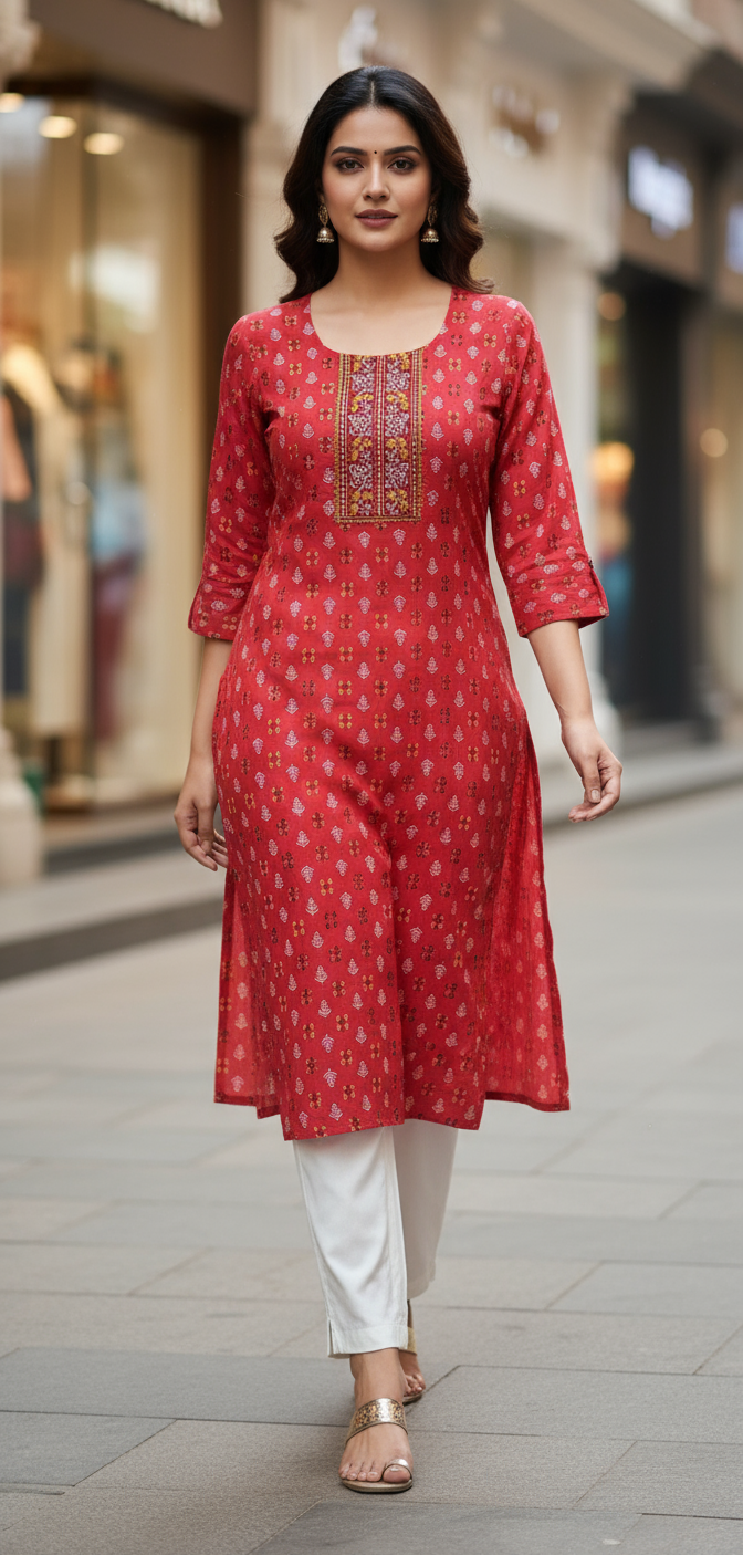 Floral Embroidered Straight-Cut Kurti for Women – Daily Wear Tops-red